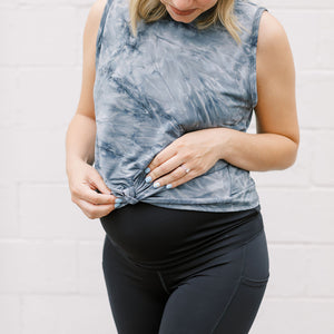 Soft tempest grey maternity activewear and postpartum tank with a front tie