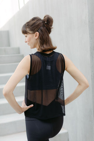 Black mesh cropped maternity activewear and postpartum tank from the back