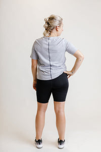 Soft grey Boyfriend maternity activewear and postpartum t-shirt 