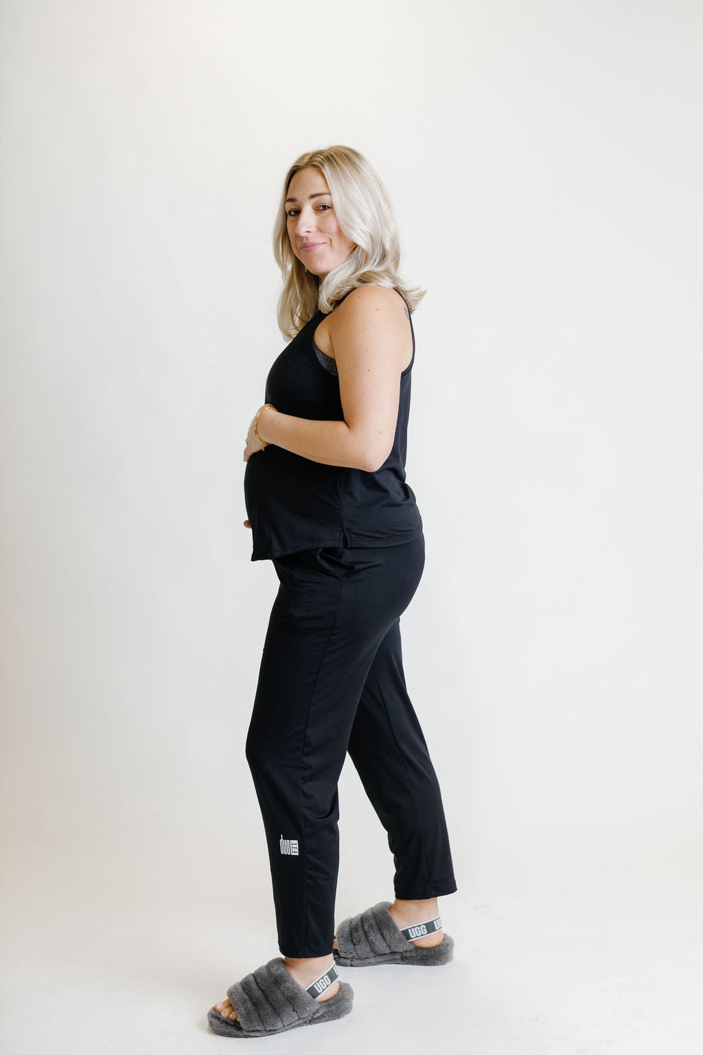 soft black postpartum maternity activewear and pajama sleep set with joggers and matching tank