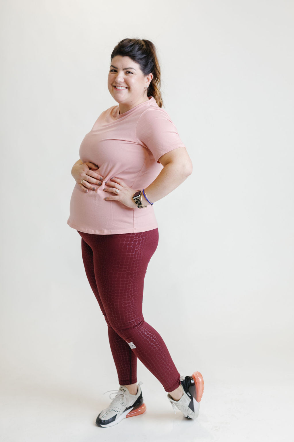 Soft pink Boyfriend maternity activewear and postpartum t-shirt 