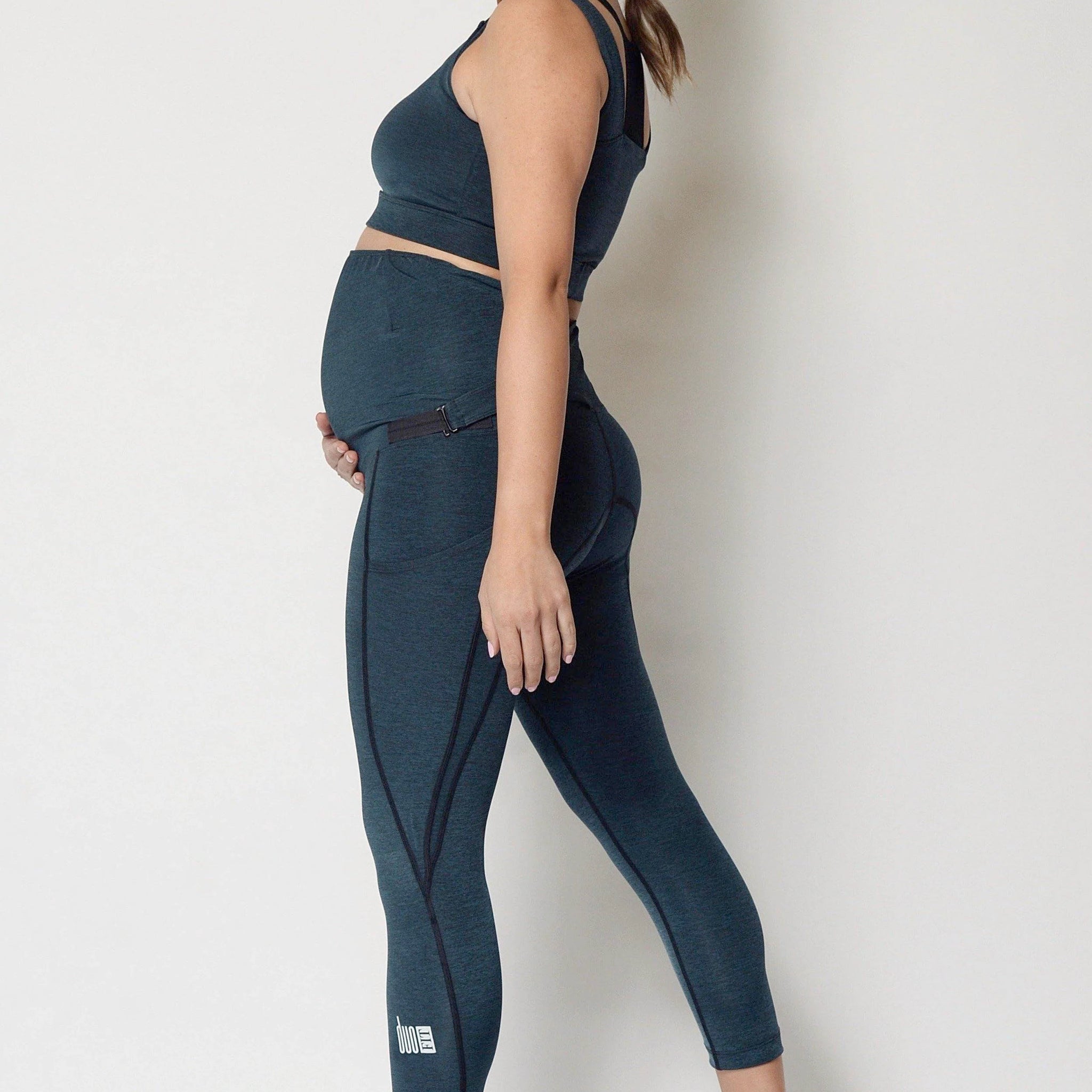 Chai Blue adjustable cropped maternity leggings, With A 10" Maternity Panel. Side pocket Will Fit All Phone Sizes, Anti-Chafing Seams.