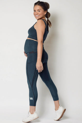 Chai Blue adjustable cropped maternity leggings, With A 10" Maternity Panel. Side pocket Will Fit All Phone Sizes, Anti-Chafing Seams.