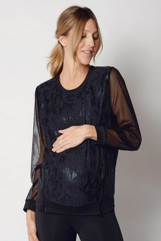 Stylish black maternity activewear and postpartum top with mesh sleeves 