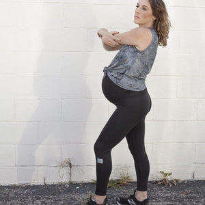 Soft tempest grey maternity activewear and postpartum tank with a front tie