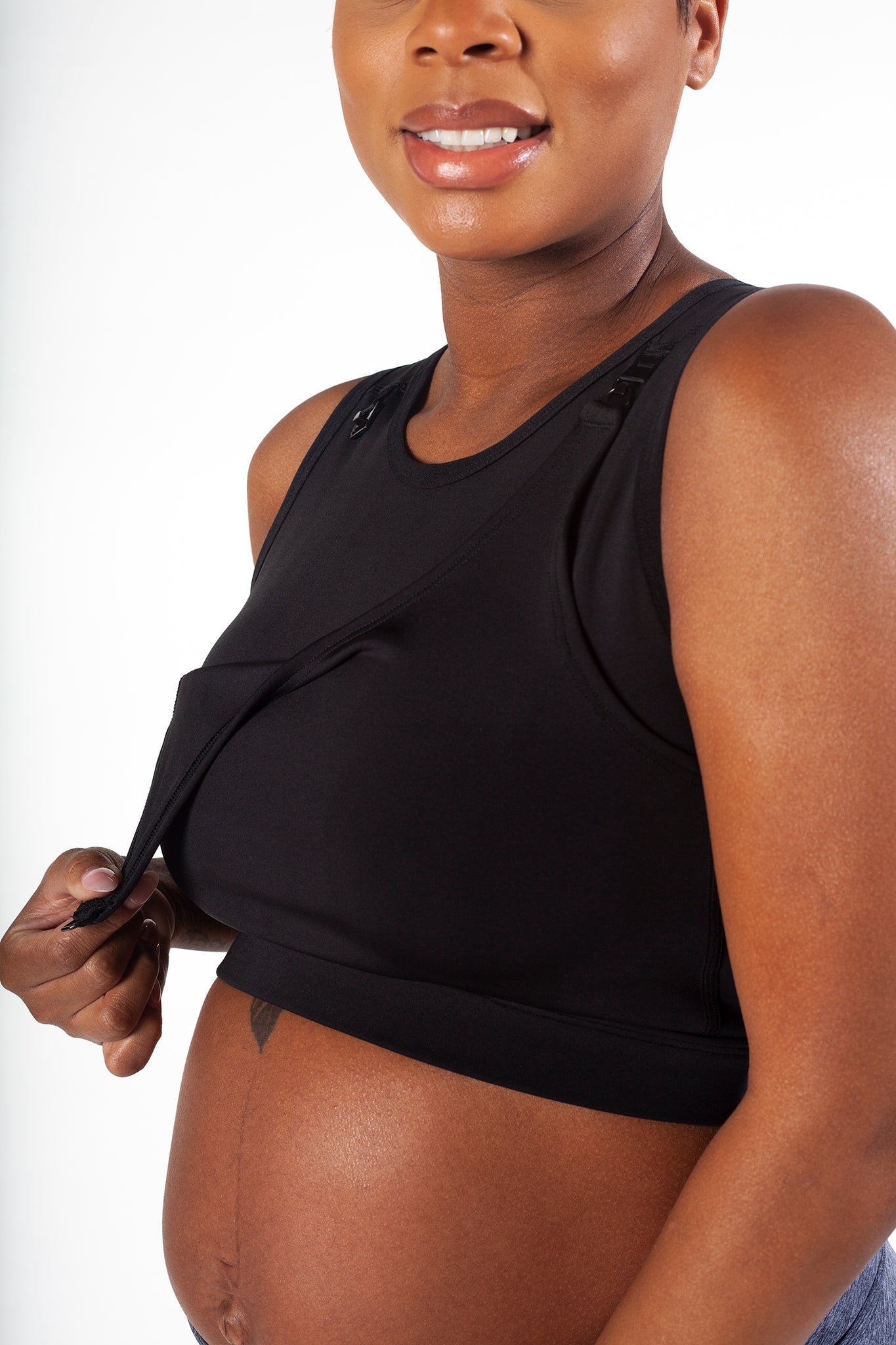 Black Maternity Activewear Nursing Sports Bra with a breathable mesh back and removable clips for nursing