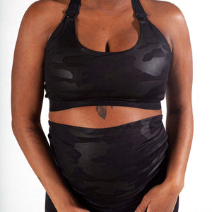 Black camo maternity activewear t-strap nursing sports bra with sewn in nursing clips