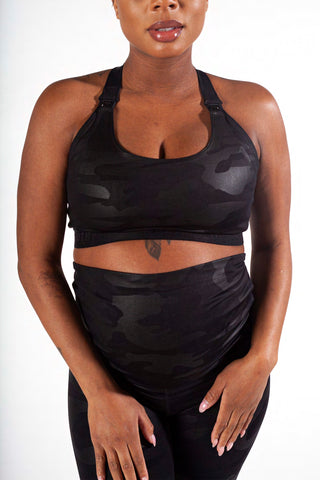Black camo maternity activewear t-strap nursing sports bra with sewn in nursing clips