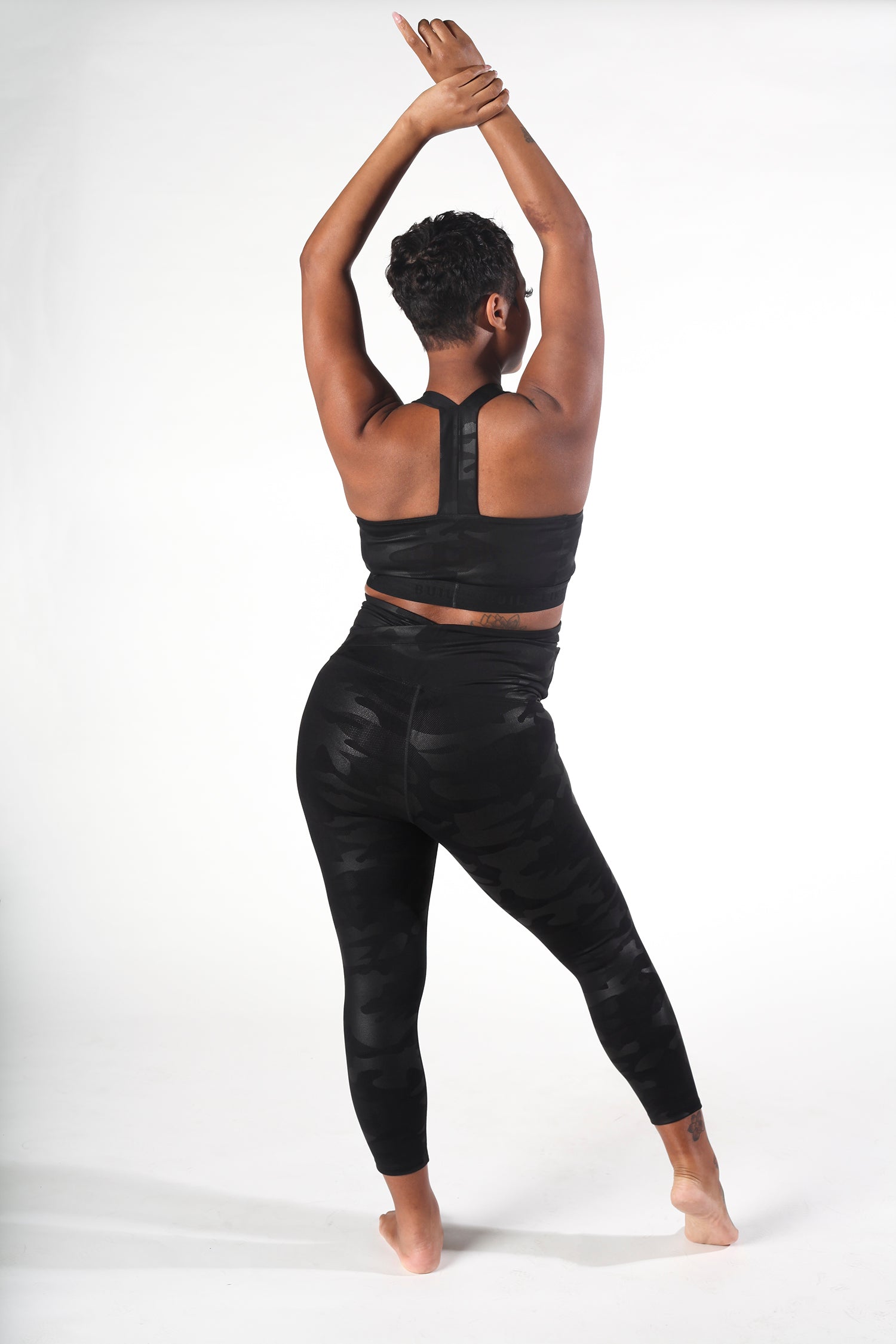Black camo maternity activewear t-strap nursing sports bra with sewn in nursing clips