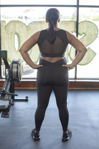 Black Maternity Activewear Nursing Sports Bra with a breathable mesh back and removable clips for nursing