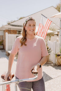 Soft pink Boyfriend maternity activewear and postpartum t-shirt 