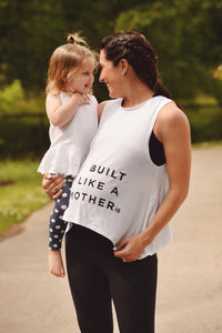 Lightweight White Maternity Activewear and Postpartum Tank with Black Built Like A Mother Lettering