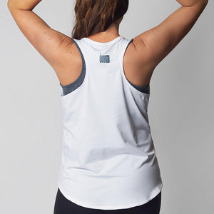 White racerback maternity activewear and postpartum workout tank with white lettering