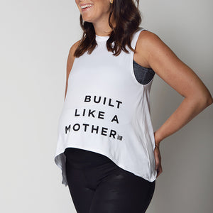 Lightweight White Maternity Activewear and Postpartum Tank with Black Built Like A Mother Lettering