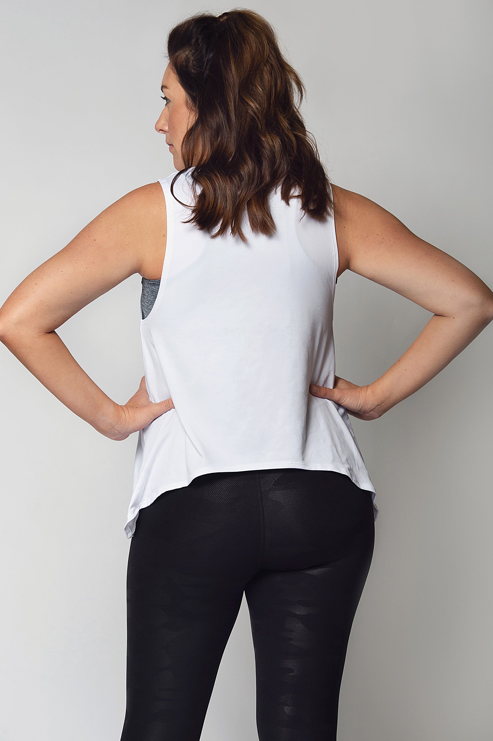 Lightweight White Maternity Activewear and Postpartum Tank with Black Built Like A Mother Lettering