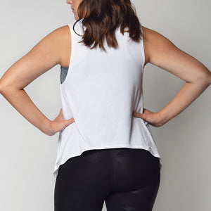 Lightweight White Maternity Activewear and Postpartum Tank with Black Built Like A Mother Lettering