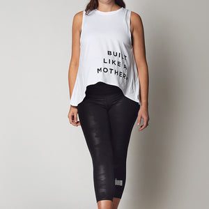 Lightweight White Maternity Activewear and Postpartum Tank with Black Built Like A Mother Lettering