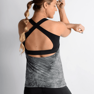 Tempest Grey Open back maternity tank with black built in sports bra 
